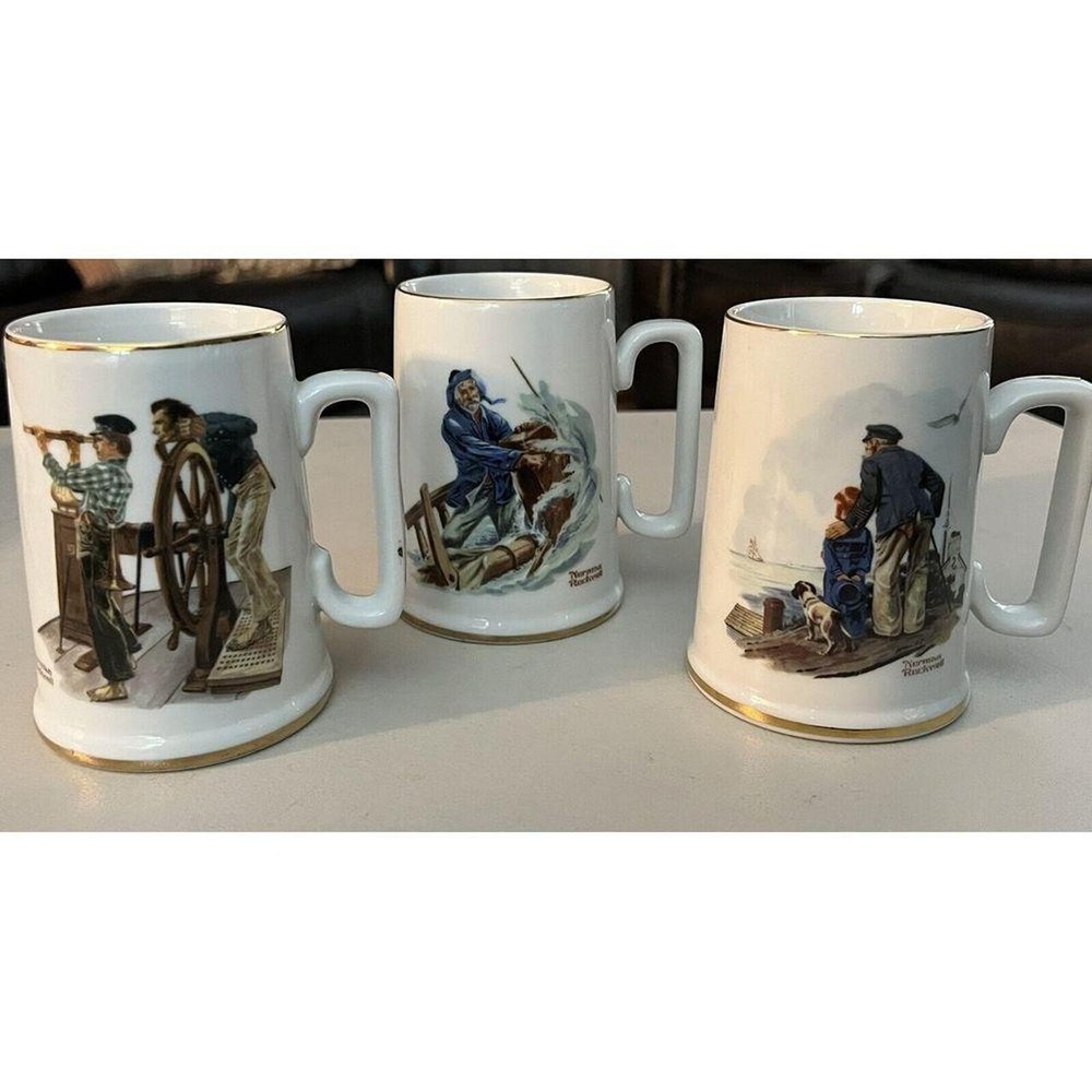Vintage 1985 Set of 3 Norman Rockwell Seafarer Long John Silver Mugs